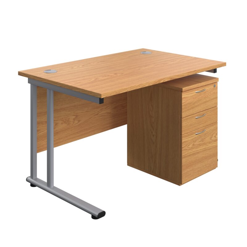 Twin Upright Rectangular Desk + High Mobile Pedestal 3 Drawer | 1200X800 | Nova Oak/Silver