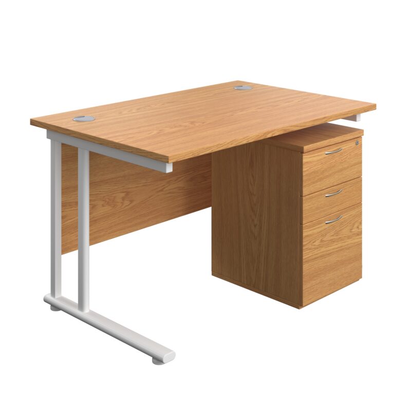 Twin Upright Rectangular Desk + High Mobile Pedestal 3 Drawer | 1200X800 | Nova Oak/White