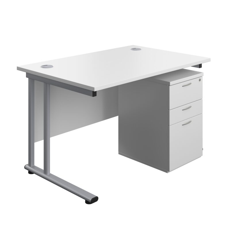 Twin Upright Rectangular Desk + High Mobile Pedestal 3 Drawer | 1200X800 | White/Silver