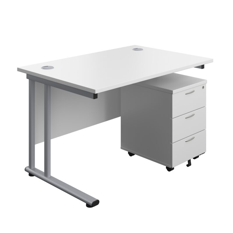 Twin Upright Rectangular Desk + Mobile 3 Drawer Pedestal | 1200X800 | White/Silver