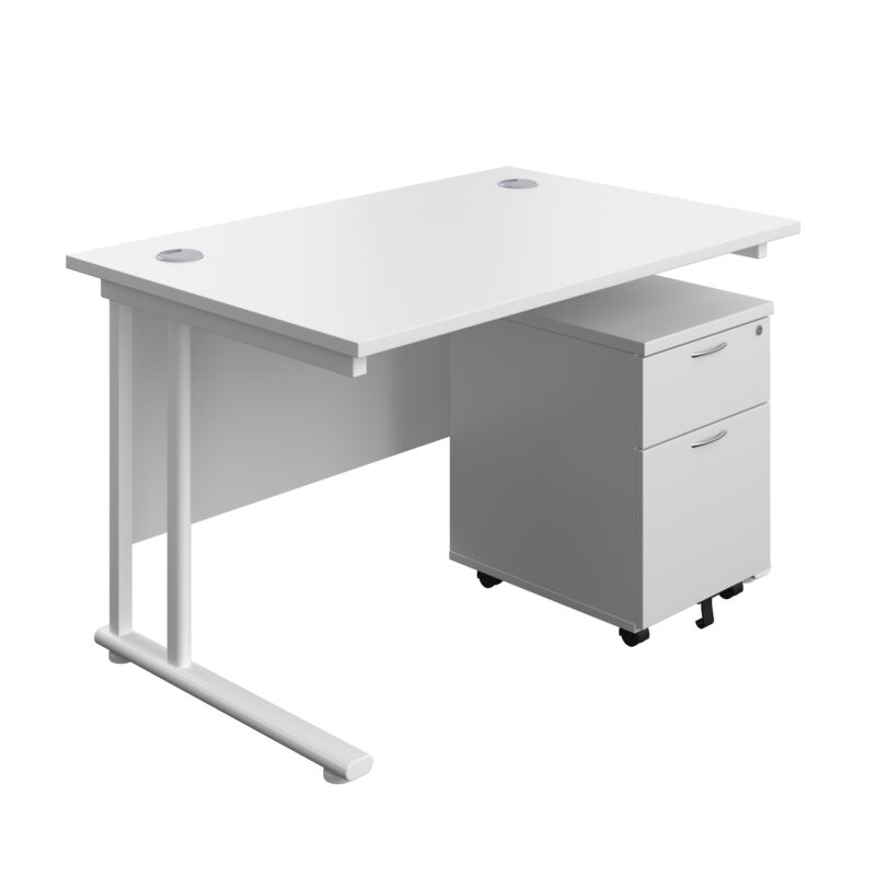 Twin Upright Rectangular Desk + Mobile 2 Drawer Pedestal | 1200X800 | White/White