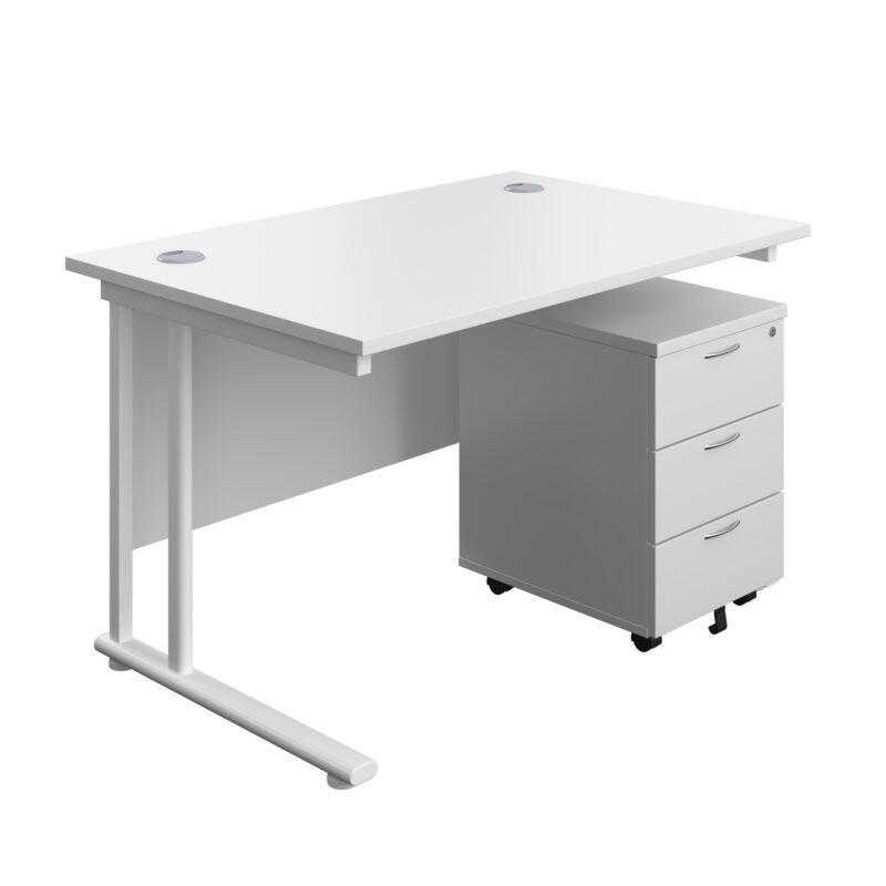 Twin Upright Rectangular Desk + Mobile 3 Drawer Pedestal | 1200X800 | White/White