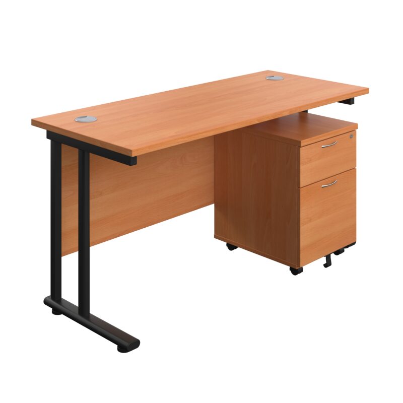 Twin Upright Rectangular Desk + Mobile 2 Drawer Pedestal | 1400X600 | Beech/Black