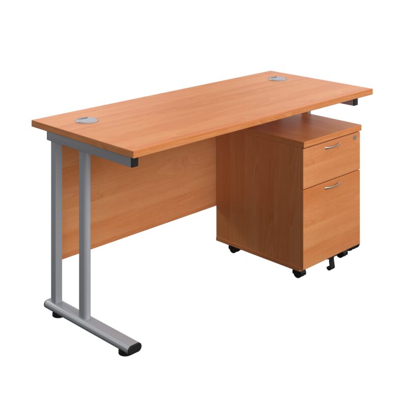 Twin Upright Rectangular Desk + Mobile 2 Drawer Pedestal | 1400X600 | Beech/Silver