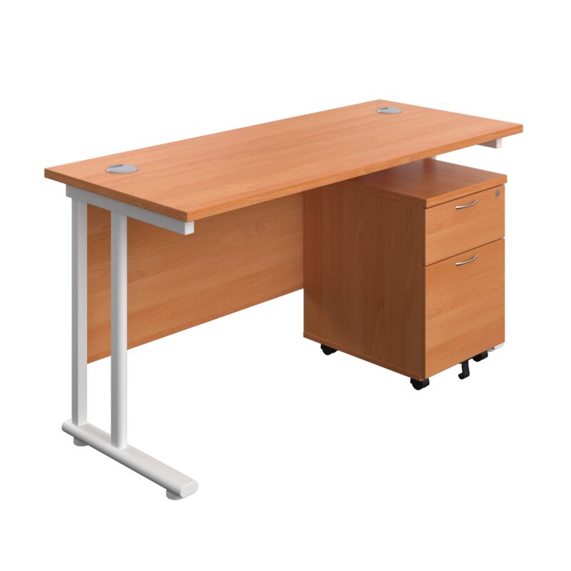 Twin Upright Rectangular Desk + Mobile 2 Drawer Pedestal | 1400X600 | Beech/White