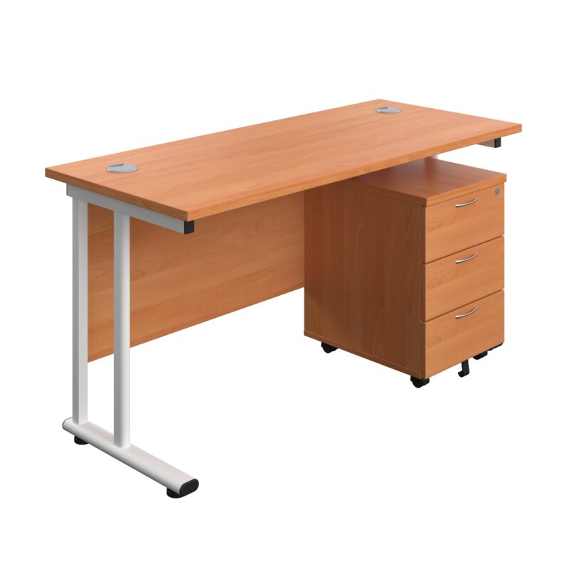 Twin Upright Rectangular Desk + Mobile 3 Drawer Pedestal | 1400X600 | Beech/White