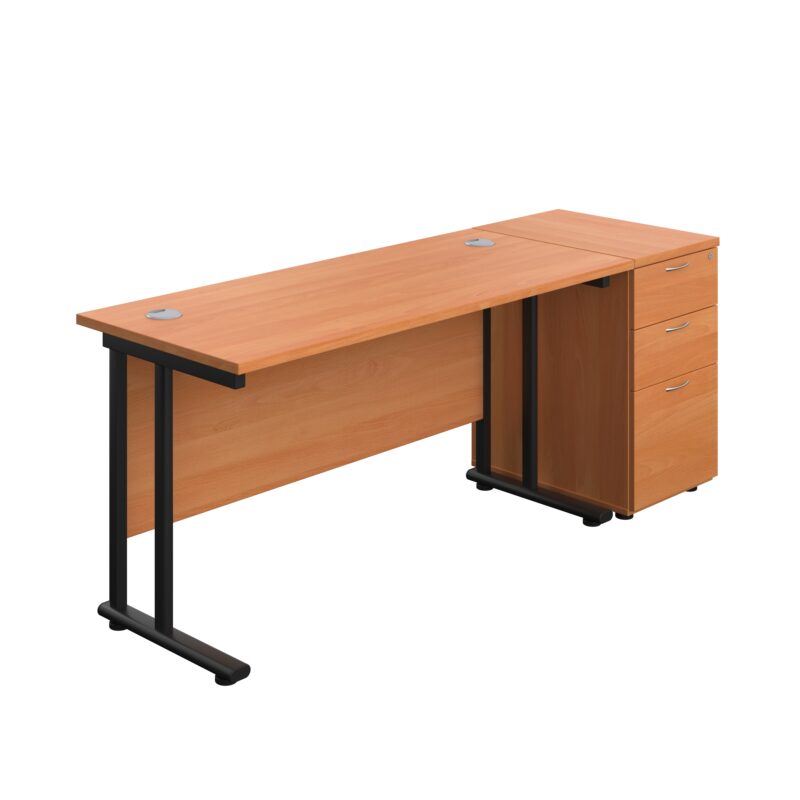 Twin Upright Rectangular Desk + Desk High 3 Drawer Pedestal | 1400X600 | Beech/Black