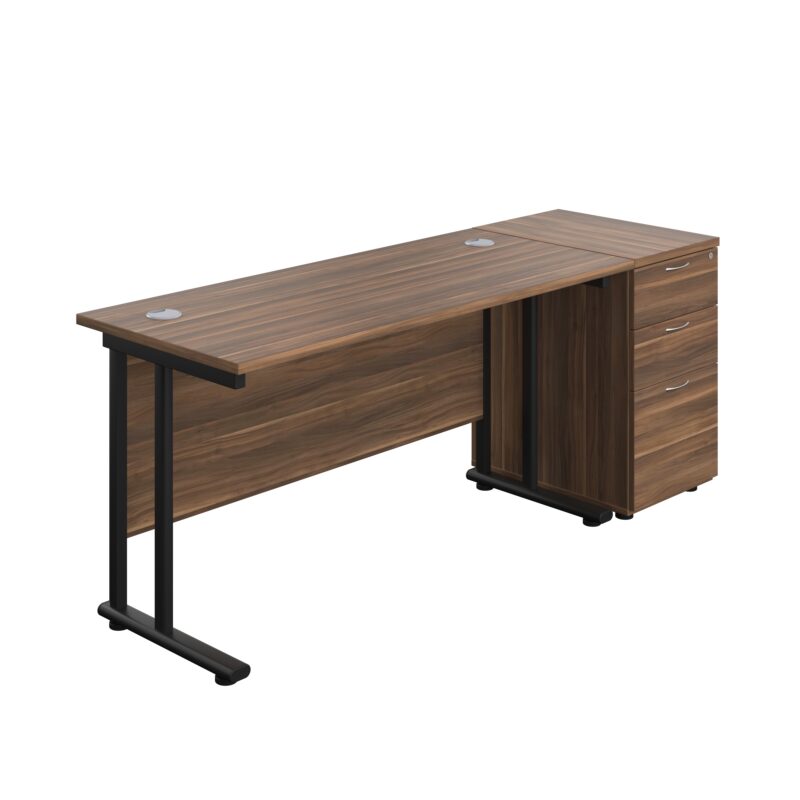 Twin Upright Rectangular Desk + Desk High 3 Drawer Pedestal | 1400X600 | Dark Walnut/Black