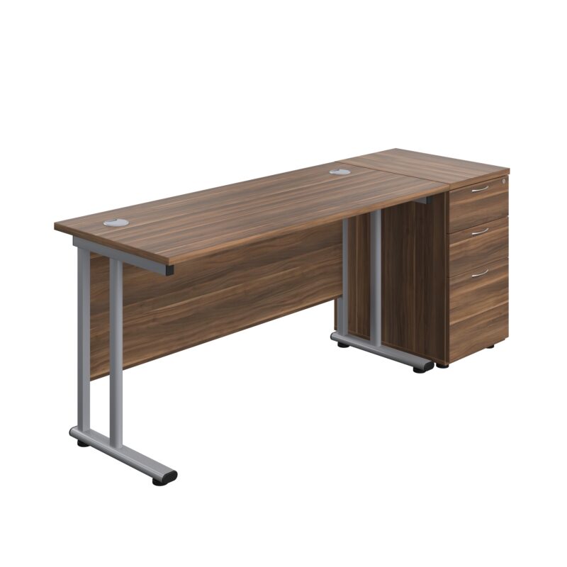 Twin Upright Rectangular Desk + Desk High 3 Drawer Pedestal | 1400X600 | Dark Walnut/Silver