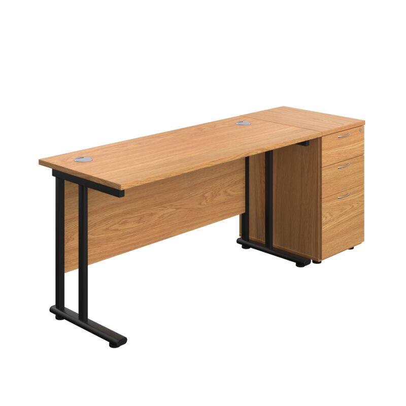 Twin Upright Rectangular Desk + Desk High 3 Drawer Pedestal | 1400X600 | Nova Oak/Black