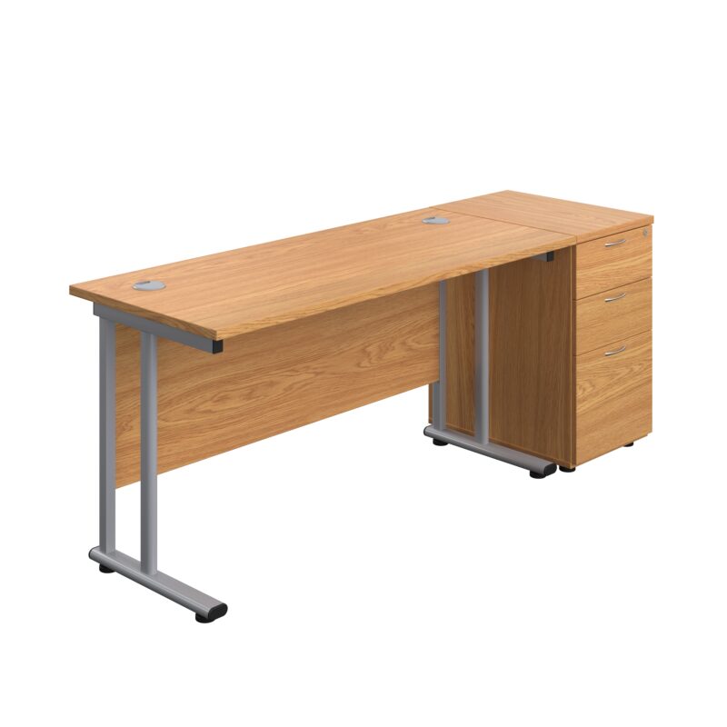 Twin Upright Rectangular Desk + Desk High 3 Drawer Pedestal | 1400X600 | Nova Oak/Silver