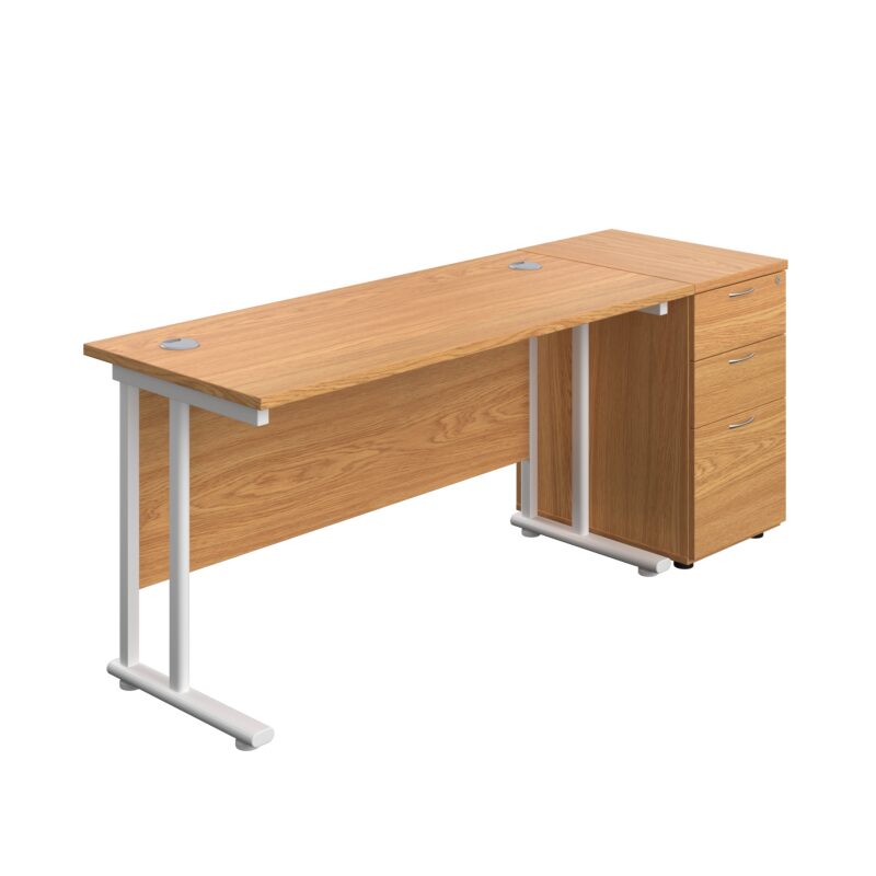 Twin Upright Rectangular Desk + Desk High 3 Drawer Pedestal | 1400X600 | Nova Oak/White