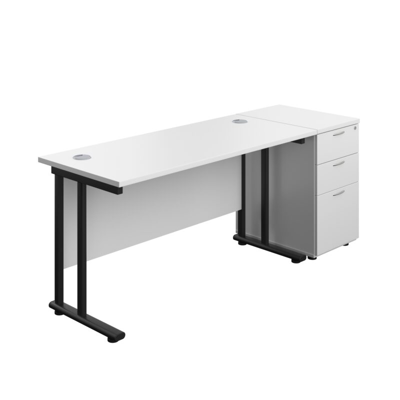 Twin Upright Rectangular Desk + Desk High 3 Drawer Pedestal | 1400X600 | White/Black