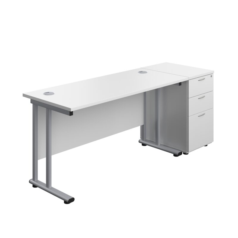 Twin Upright Rectangular Desk + Desk High 3 Drawer Pedestal | 1400X600 | White/Silver