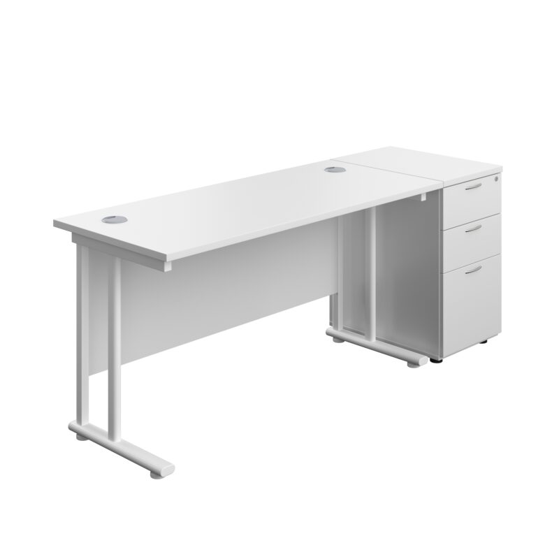 Twin Upright Rectangular Desk + Desk High 3 Drawer Pedestal | 1400X600 | White/White