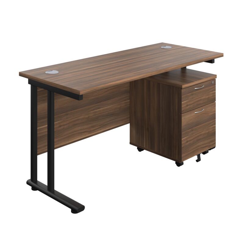 Twin Upright Rectangular Desk + Mobile 2 Drawer Pedestal | 1400X600 | Dark Walnut/Black