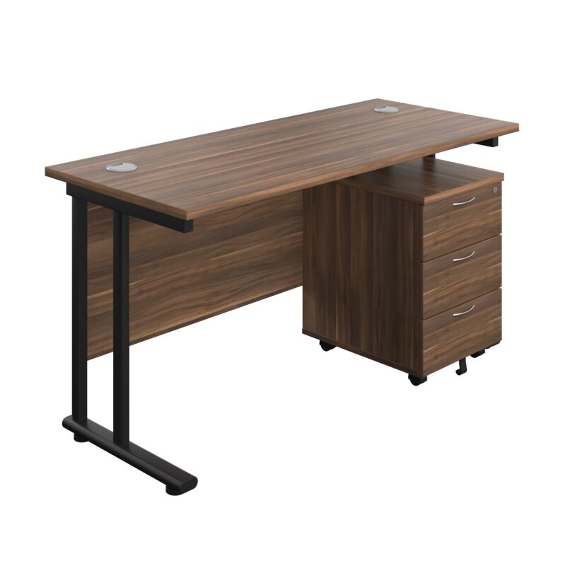 Twin Upright Rectangular Desk + Mobile 3 Drawer Pedestal | 1400X600 | Dark Walnut/Black