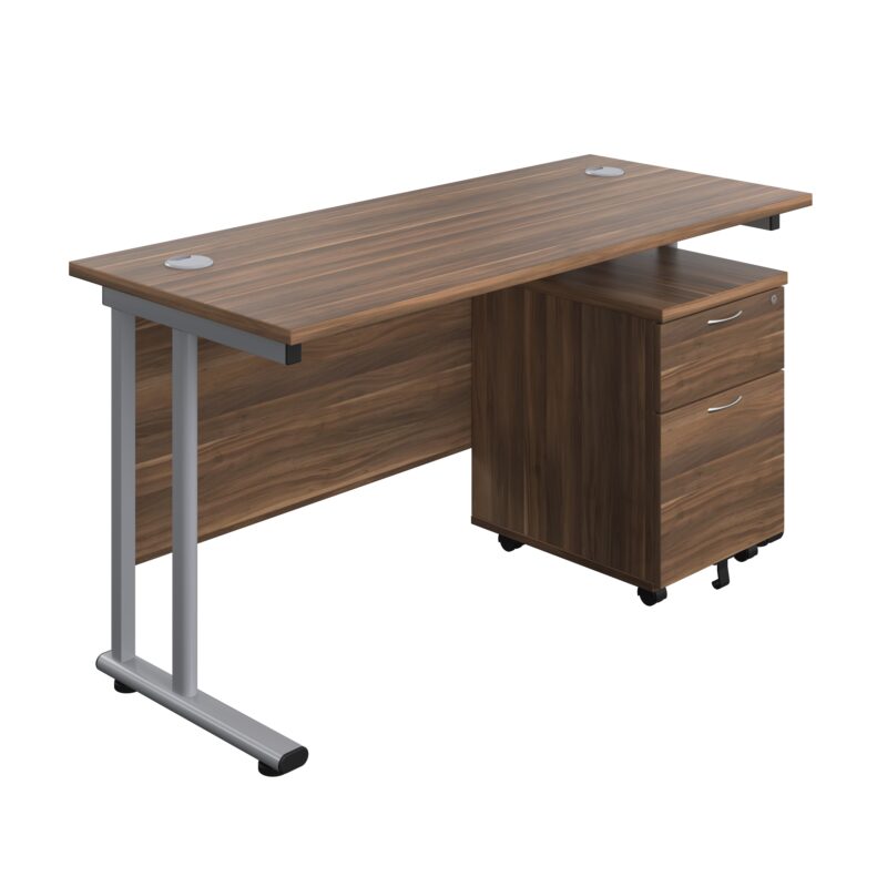 Twin Upright Rectangular Desk + Mobile 2 Drawer Pedestal | 1400X600 | Dark Walnut/Silver