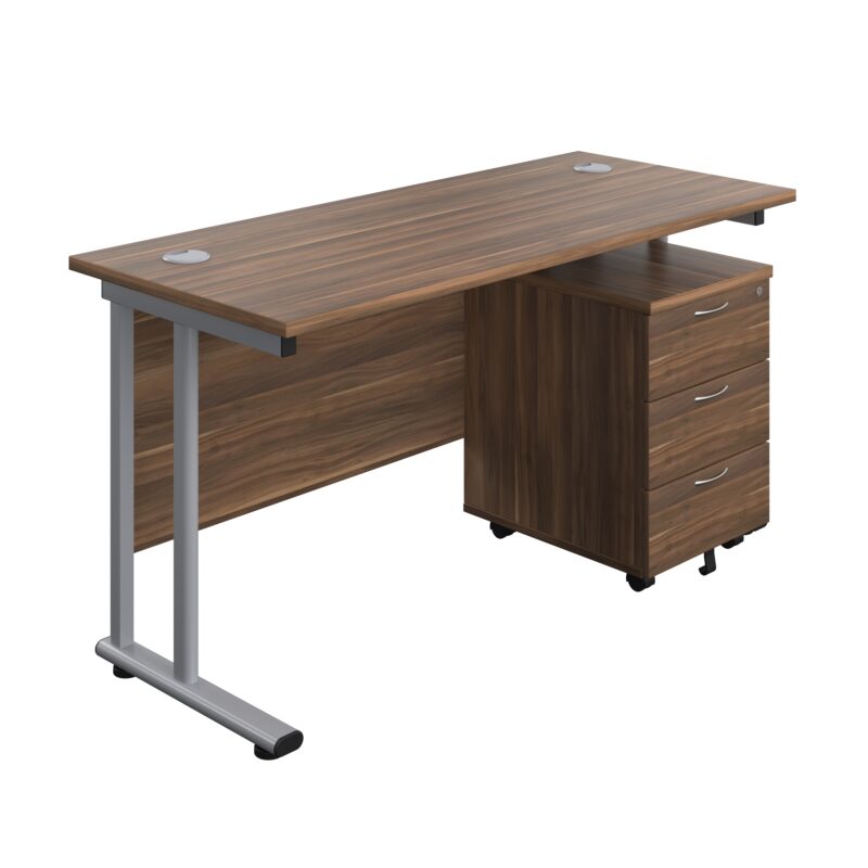 Twin Upright Rectangular Desk + Mobile 3 Drawer Pedestal | 1400X600 | Dark Walnut/Silver