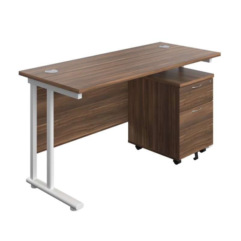 Twin Upright Rectangular Desk + Mobile 2 Drawer Pedestal | 1400X600 | Dark Walnut/White