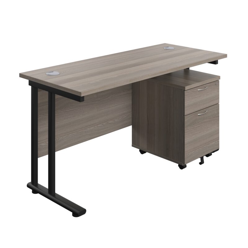 Twin Upright Rectangular Desk + Mobile 2 Drawer Pedestal | 1400X600 | Grey Oak/Black