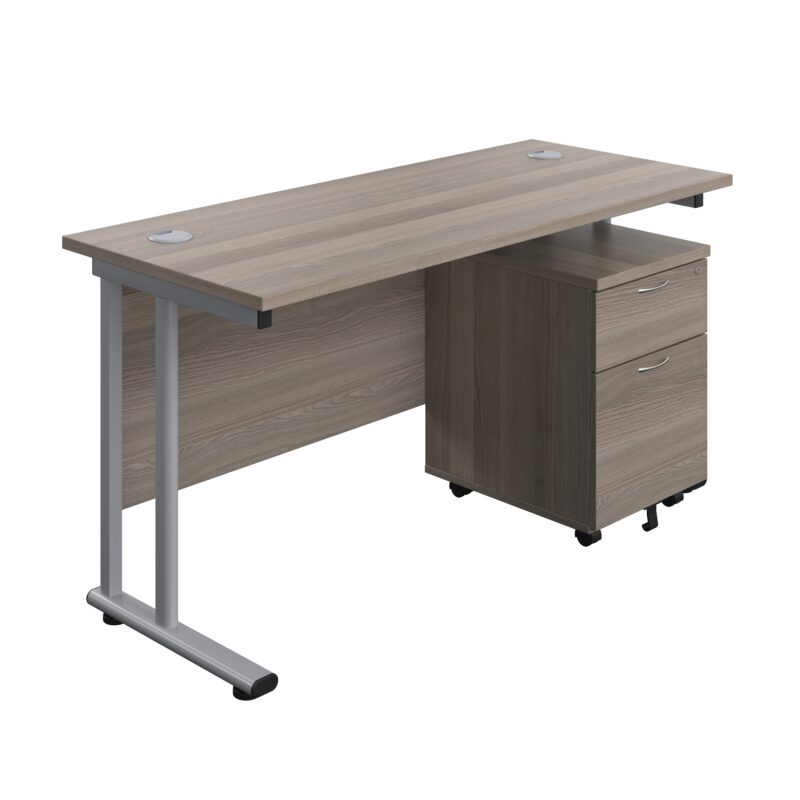 Twin Upright Rectangular Desk + Mobile 2 Drawer Pedestal | 1400X600 | Grey Oak/Silver