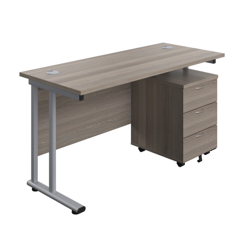 Twin Upright Rectangular Desk + Mobile 3 Drawer Pedestal | 1400X600 | Grey Oak/Silver