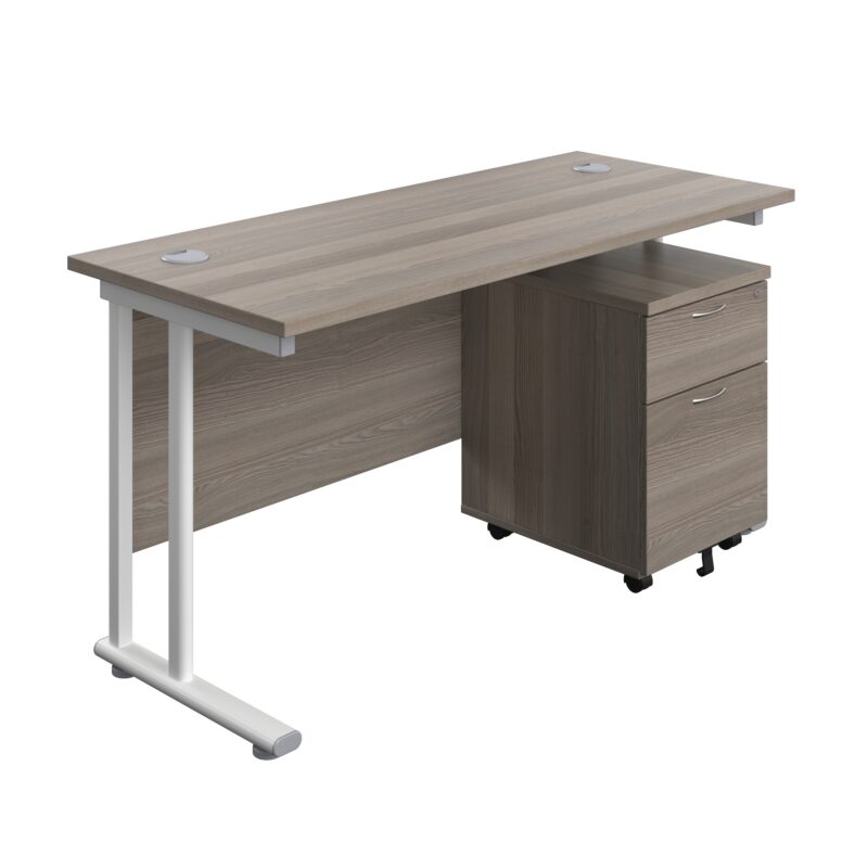 Twin Upright Rectangular Desk + Mobile 2 Drawer Pedestal | 1400X600 | Grey Oak/White