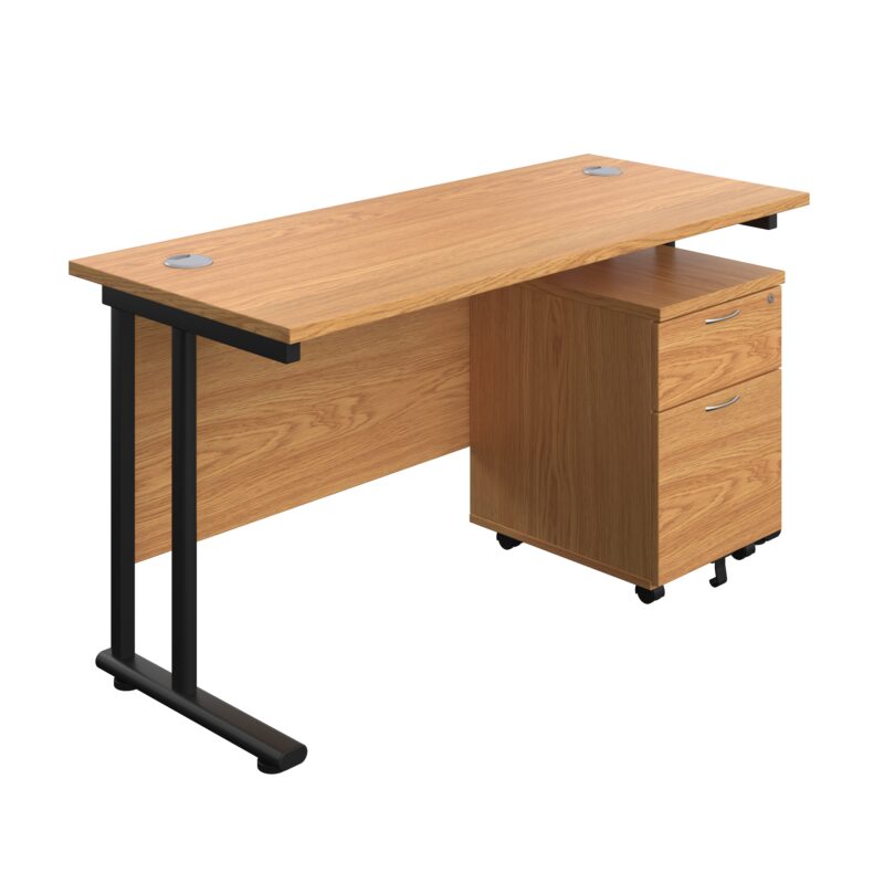 Twin Upright Rectangular Desk + Mobile 2 Drawer Pedestal | 1400X600 | Nova Oak/Black