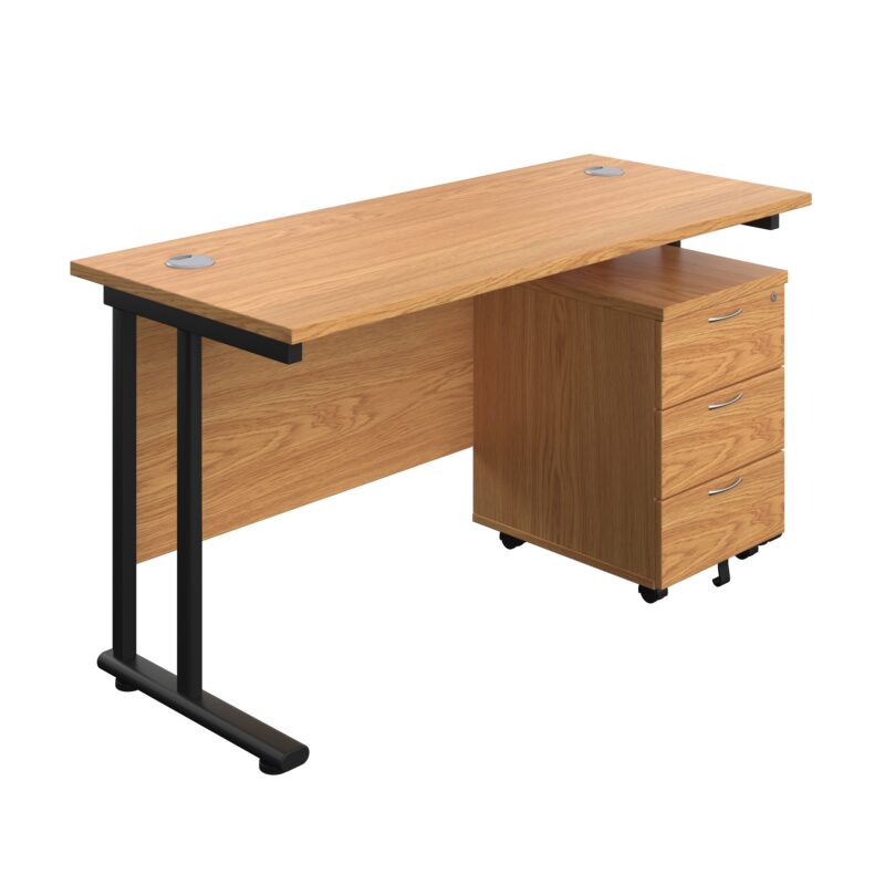 Twin Upright Rectangular Desk + Mobile 3 Drawer Pedestal | 1400X600 | Nova Oak/Black