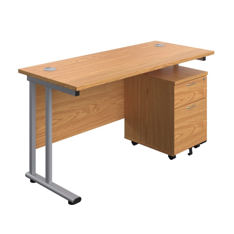 Twin Upright Rectangular Desk + Mobile 2 Drawer Pedestal | 1400X600 | Nova Oak/Silver