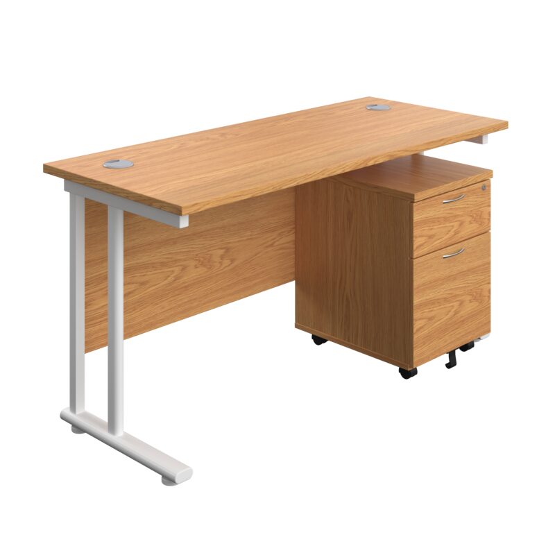 Twin Upright Rectangular Desk + Mobile 2 Drawer Pedestal | 1400X600 | Nova Oak/White