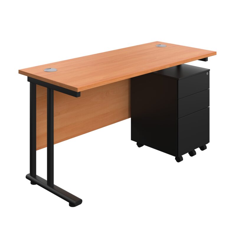 Twin Upright Rectangular Desk + Under Desk Steel Pedestal 3 Drawers | 1400X600 | Beech/Black