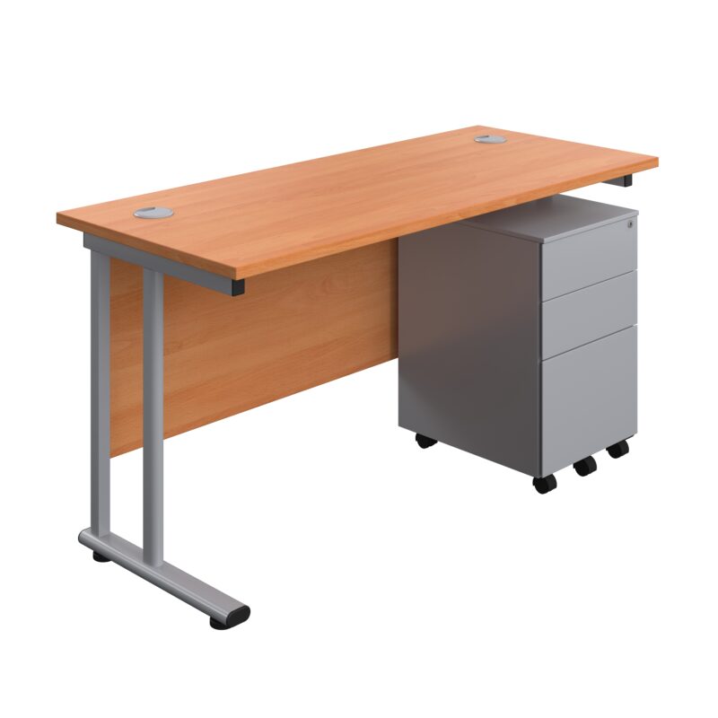 Twin Upright Rectangular Desk + Under Desk Steel Pedestal 3 Drawers | 1400X600 | Beech/Silver