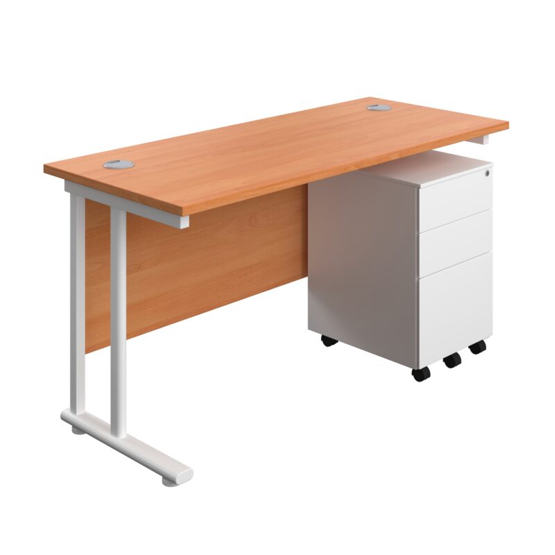 Twin Upright Rectangular Desk + Under Desk Steel Pedestal 3 Drawers | 1400X600 | Beech/White