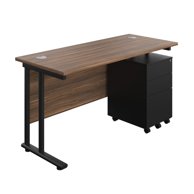 Twin Upright Rectangular Desk + Under Desk Steel Pedestal 3 Drawers | 1400X600 | Dark Walnut/Black