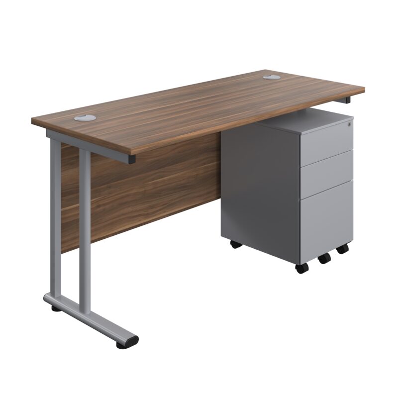 Twin Upright Rectangular Desk + Under Desk Steel Pedestal 3 Drawers | 1400X600 | Dark Walnut/Silver