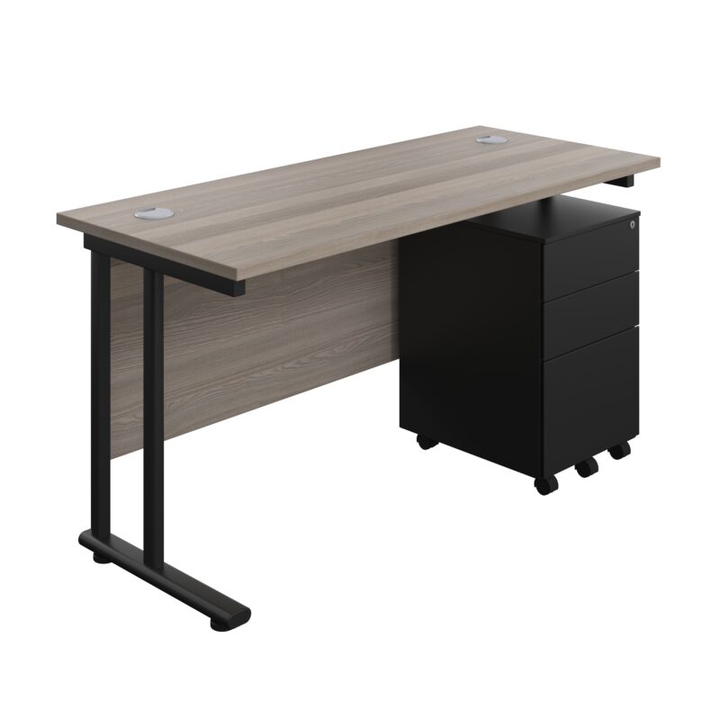 Twin Upright Rectangular Desk + Under Desk Steel Pedestal 3 Drawers | 1400X600 | Grey Oak/Black