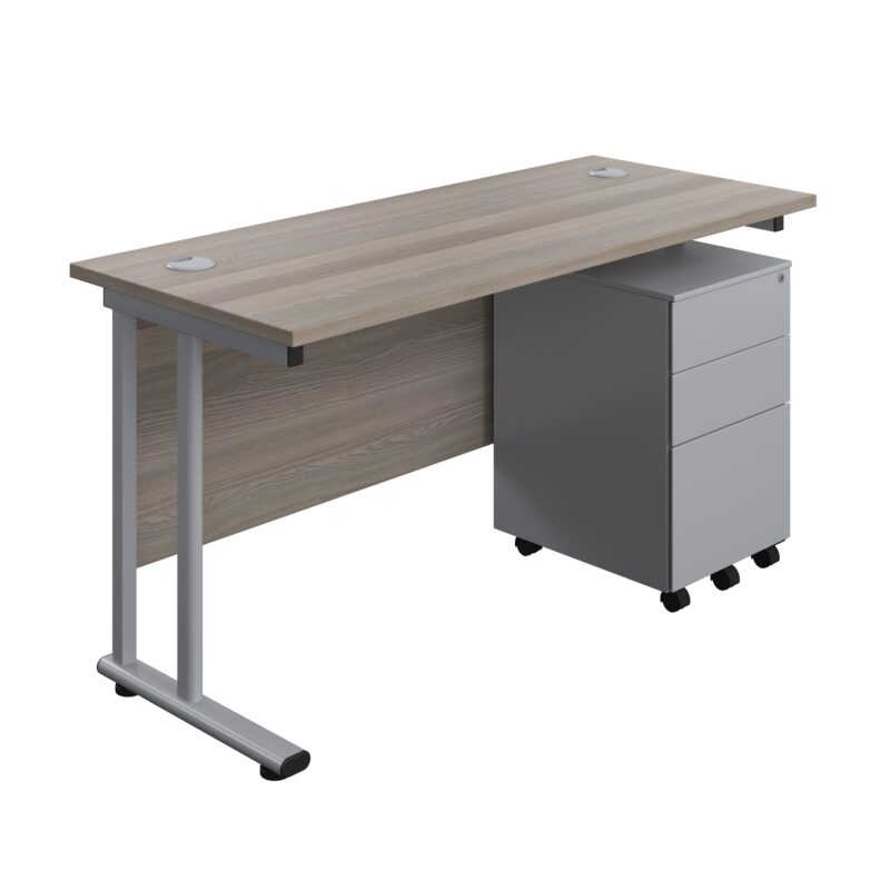 Twin Upright Rectangular Desk + Under Desk Steel Pedestal 3 Drawers | 1400X600 | Grey Oak/Silver