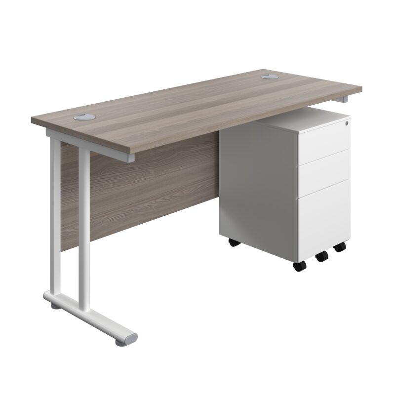 Twin Upright Rectangular Desk + Under Desk Steel Pedestal 3 Drawers | 1400X600 | Grey Oak/White