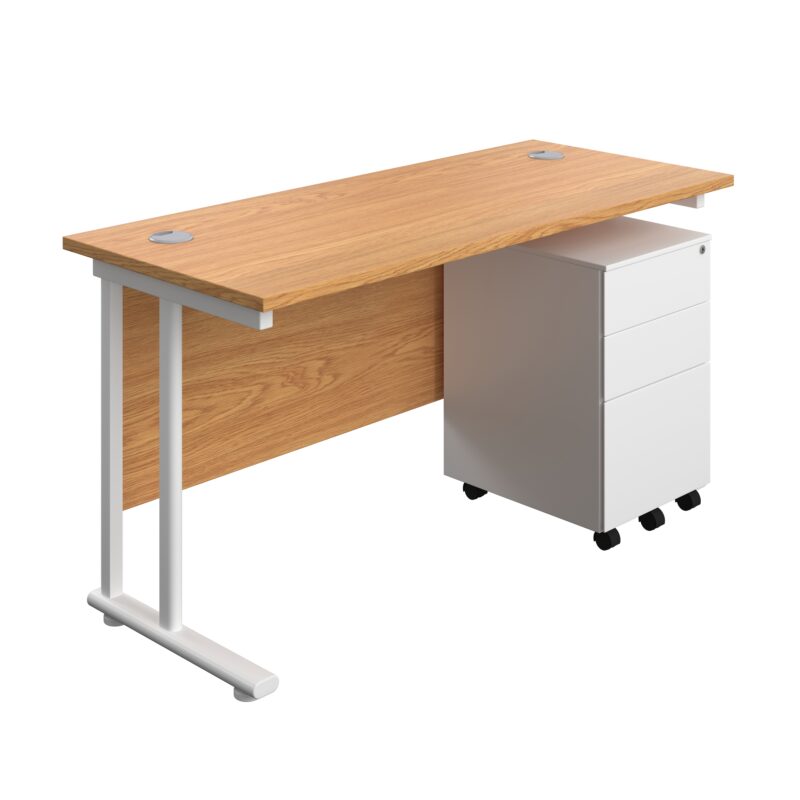 Twin Upright Rectangular Desk + Under Desk Steel Pedestal 3 Drawers | 1400X600 | Nova Oak/White