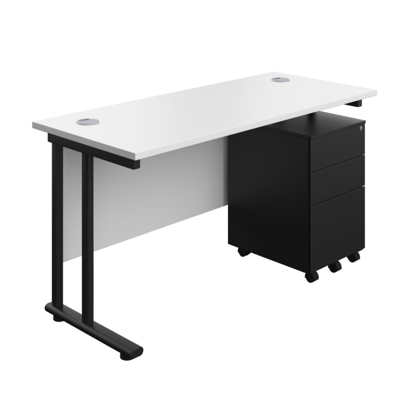 Twin Upright Rectangular Desk + Under Desk Steel Pedestal 3 Drawers | 1400X600 | White/Black