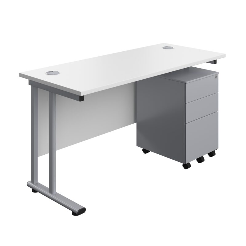 Twin Upright Rectangular Desk + Under Desk Steel Pedestal 3 Drawers | 1400X600 | White/Silver