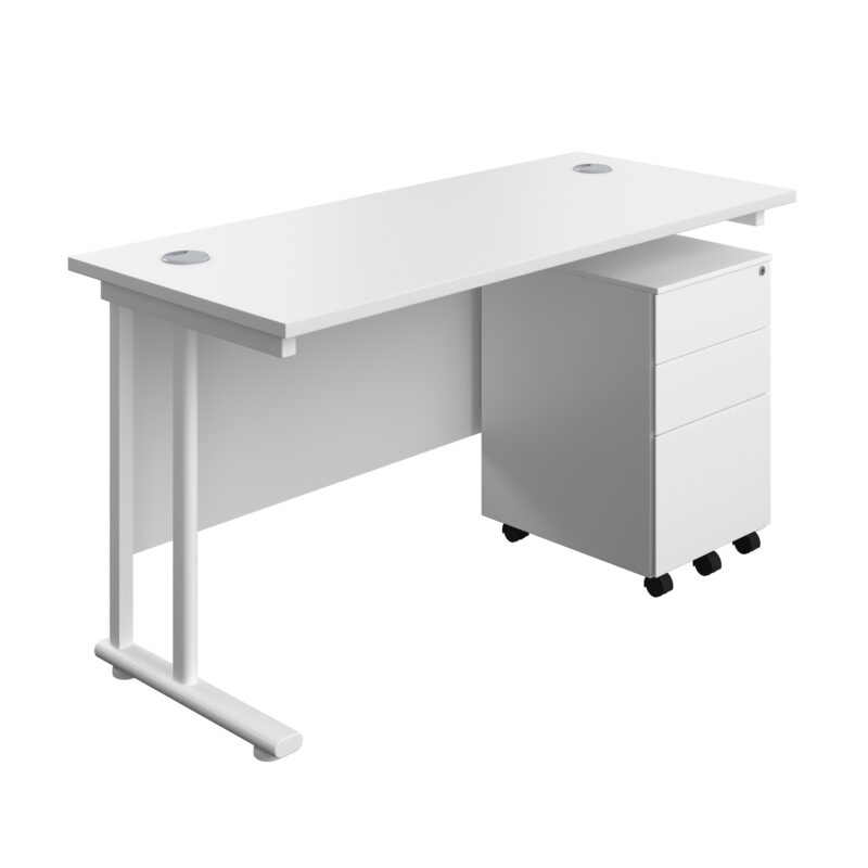 Twin Upright Rectangular Desk + Under Desk Steel Pedestal 3 Drawers | 1400X600 | White/White