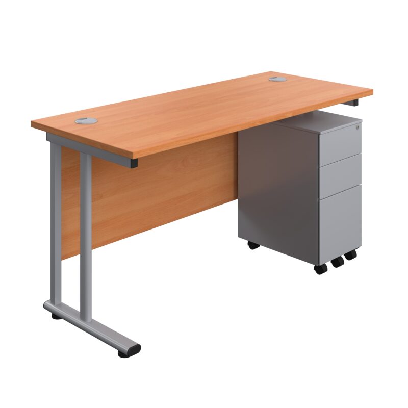 Twin Upright Rectangular Desk + Slimline Steel Pedestal 3 Drawers | 1400X600 | Beech/Silver