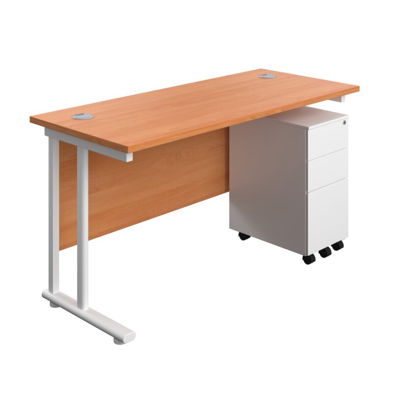 Twin Upright Rectangular Desk + Slimline Steel Pedestal 3 Drawers | 1400X600 | Beech/White