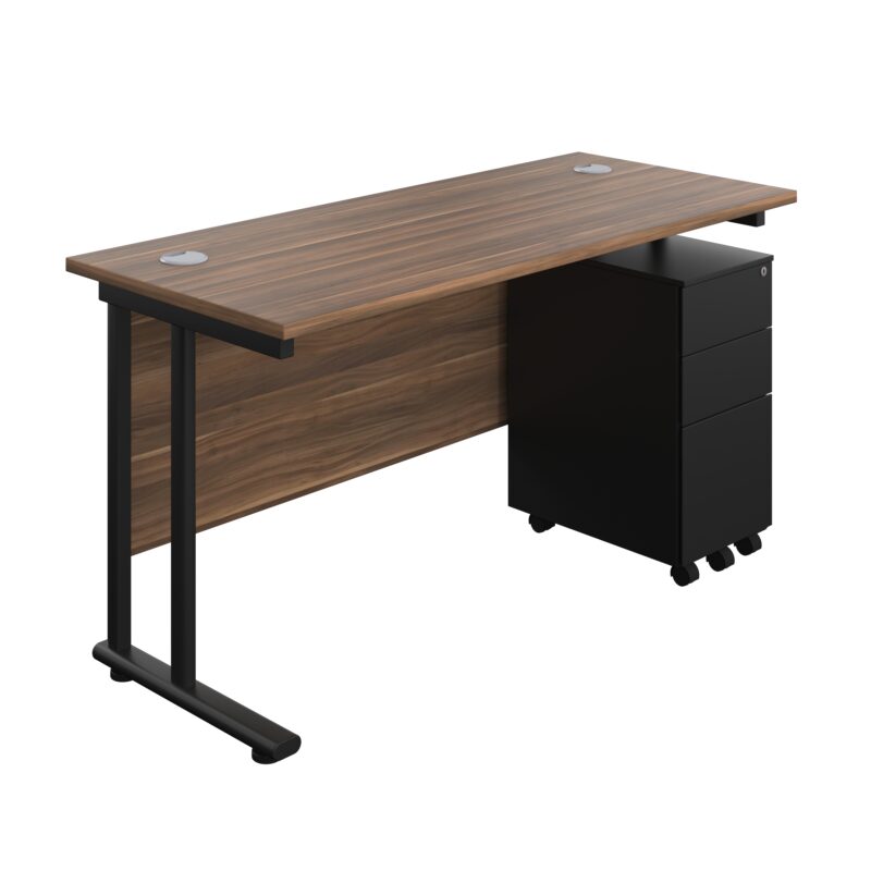 Twin Upright Rectangular Desk + Slimline Steel Pedestal 3 Drawers | 1400X600 | Dark Walnut/Black