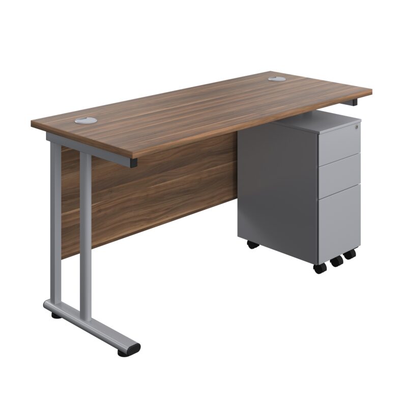 Twin Upright Rectangular Desk + Slimline Steel Pedestal 3 Drawers | 1400X600 | Dark Walnut/Silver