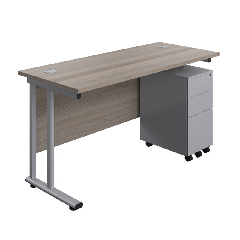 Twin Upright Rectangular Desk + Slimline Steel Pedestal 3 Drawers | 1400X600 | Grey Oak/Silver