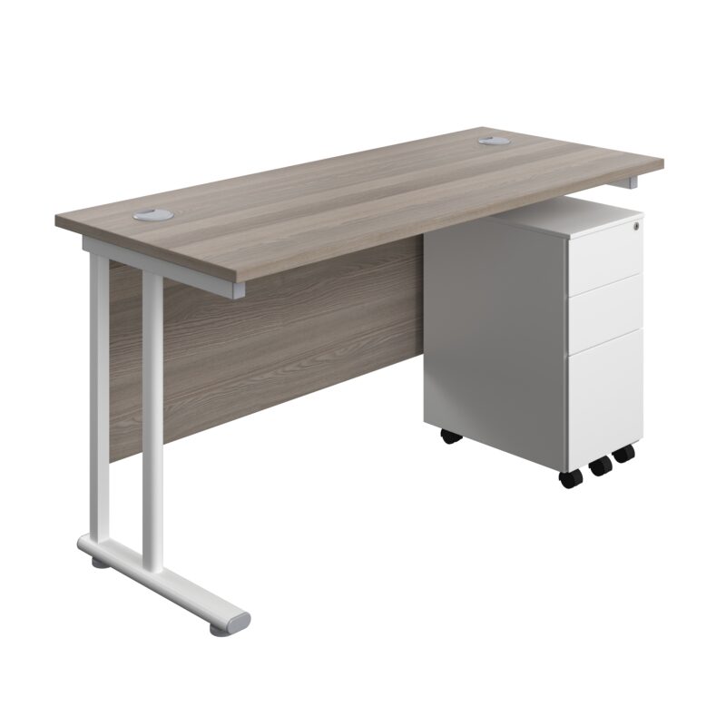 Twin Upright Rectangular Desk + Slimline Steel Pedestal 3 Drawers | 1400X600 | Grey Oak/White